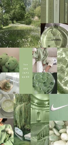 a collage with green and white items in it