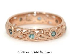 Teal Sapphire Wedding Band, Leaf Vine Pattern Eternity Wedding Ring, Boho Filigree Scroll Diamond Band Blue Green Sapphire Ring, Boho Wedding Ring, Boho Engagement Ring, Pastel Teal, Filigree Wedding Band, Floral Wedding Bands, Vine Pattern, Sapphire Wedding Band, Nature Inspired Rings