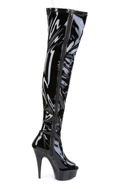 Super shiny, black stretch PVC thigh-high platform boots with peep toe front. Purrfect for pole dance performances. The DELIGHT series by Pleaser boasts a modest platform and stiletto heel with sophisticated and elegant colours and designs. Vegan Black Patent 6-inch Heel 1 3/4-inch Platform Open Toe Side Zip Women's U.S sizing - refer to size chart for more info Black High-cut Knee-high Boots For Party, Black Thigh-high Platform Boots For Club, Black Thigh High Platform Boots For Club, Fitted High Cut Black Platform Boots, Black Fitted High-cut Platform Boots, Fitted High-cut Black Platform Boots, Modern Fitted Thigh-high Heeled Boots, Modern Fitted Thigh High Heeled Boots, Modern Black Knee-high Boots For Night Out