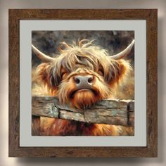 a painting of a shaggy haired dog peeking over a wooden fence with his nose hanging down