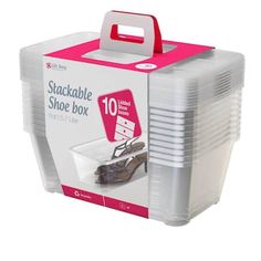 the stackable shoe box is packed with 10 pairs of shoes and has pink handles