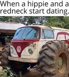 a red and white vw bus sitting on top of a large monster truck in front of a barn