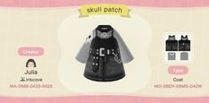 an animal crossing character is wearing a black and white dress with the words skull patch on it