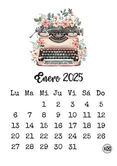 a calendar with an old fashioned typewriter and flowers on the front, in spanish