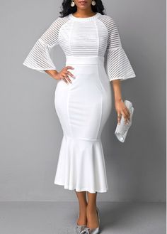 Size:L;Size:M;Size:XXL;Size:S;Color:White;Size:XL;Washing Instructions:Hand Wash;Color Scheme:White;Occasion:Party;Package Contents:1 X Dress;Dress Length:Mid Calf;Composition:95%Polyester , 5%Spandex;Silhouette:Mermaid;Season:Autumn;Pattern Type:Solid;Style:Elegant;Clothing Length:130.00;Sleeve's Length:Three Quarters Sleeve;Neckline:Round neck;Decoration:Mermaid;Sleeve Style:Flare Sleeve; White Mermaid Dress, Latest Dress For Women, White Flares, Flare Sleeve Dress, Fashion Dresses Online, Moda Chic, Club Party Dresses, White Dresses, Mermaid Fashion