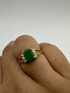 Vintage Gold Jade Ring Small Emerald Green Fun Jade Lucky Gemstone Clear Crystal Diamond Bronze Setting Wedding Cocktail Statement Ring - Etsy Fine Jewelry Emerald Green Oval Cabochon Ring, Green Oval Cabochon Emerald Ring, Green Oval Cabochon Emerald Ring For Wedding, Green Emerald Oval Cabochon Ring For Wedding, Green Emerald Oval Cabochon Ring, Green Emerald Ring With Oval Cabochon, Green Crystal Stone Ring For Anniversary, Green Crystal Ring With Stones For Anniversary, Green Emerald Ring With Stones