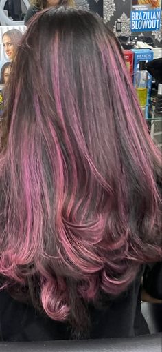 Hair Color For Wavy Hair Highlights, Dark Purple With Highlights, Aesthetic Highlight Hair, Natural Pink Highlights In Brown Hair, Strawberry Pink Highlights In Brown Hair, Brown Hair With Colourful Highlights, Dark Pink Hair Streaks, Cute Purple Hair Dye Ideas, Dark Hair With Light Pink Highlights