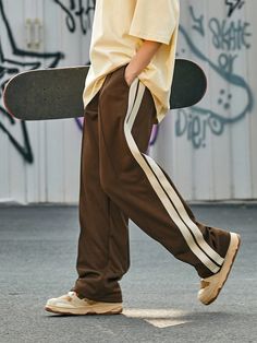 Coffee Brown Casual Collar  Fabric Striped Wide Leg Embellished Slight Stretch All Men Clothing Track Pants Mens Fashion, Sweatpants Outfit Men, Orange Clothing, Men's Retro Style, Men Sport Pants, Drawstring Waist Pants, Sweatpants Style, Outfits Hombre, Sweatpants Outfit