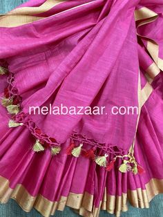 Solid color pink cotton by linen saree! Mix and match with different blouses and accessories!! -Fall attached Color : Pink with Beige Border Traditional Saree With Tassels For Festivals, Pink Chanderi Handloom Blouse Piece, Pink Handloom Blouse Piece For Navratri, Summer Traditional Wear In Pink With Self Design, Pink Handloom Blouse Piece For Festivals, Pink Slub Silk Saree For Navratri, Bohemian Pink Saree With Zari Work, Bohemian Traditional Wear With Pallu In Pink, Bohemian Pink Traditional Wear With Pallu