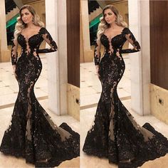 Black Dresses Wedding, Black Lace Wedding Dress, Black Lace Wedding, Black Wedding Gowns, Prom Girl Dresses, Dark Wedding, Dress Party Night, Cocktail Gowns, Long Sleeve Evening Dresses