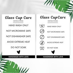 the glass cup care instructions are displayed on a white background with green leaves and black lettering