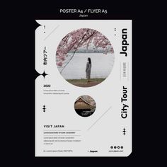 a poster with an image of a person standing in front of a tree and water