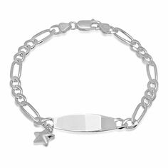 Top Quality .925 Sterling Silver Figaro Link ID Bracelet with Star CharmSparkle like a star with this sterling silver ID bracelet with star charm. The bracelet features Figaro link chains with an ID plate at the center and a small star dangling from the chain. It has a shiny chrome finish, which gives it a luminous beauty that wont fade or tarnish easily. Have it engraved with a name or monogram on the plate for added personality and style. Personalization: Free 1 Line up to 20 characters per li Elegant Sterling Silver Bracelets With Star Charm, Silver Star Bracelet For Gift, Casual Silver Star-shaped Bracelet, Adjustable Sterling Silver Star Bracelet, Nickel-free Silver Star Bracelet, Engraved Promise Rings, Figaro Bracelet, Forever Gifts, Thoughtful Gifts For Her