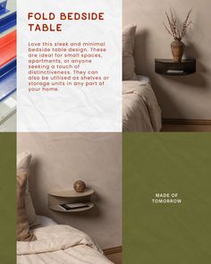 an advertisement for a bed side table