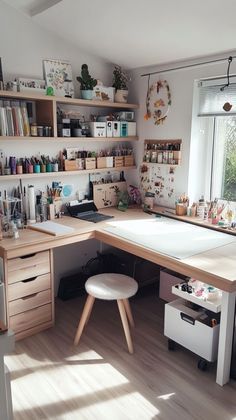 a room with lots of crafting supplies on the desk