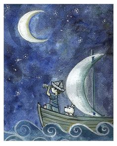 a painting of a man on a boat with a dog looking at the stars in the sky