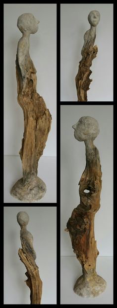 four different views of a sculpture made out of wood and stone, with multiple images of the same piece of driftwood