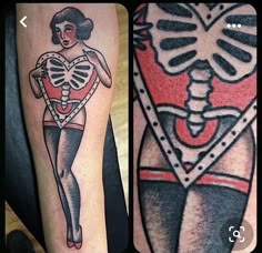 two tattoos on the legs of people with different body types and colors, one has a skeleton