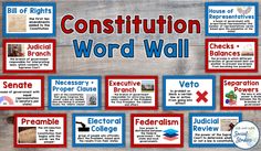 a poster with words and pictures on it that say,'constitution word wall '