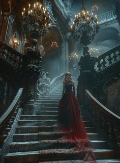 a woman in a red dress is walking down some stairs with chandeliers on either side