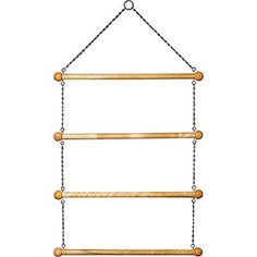 a metal and wood hanging bird feeder with three wooden bars attached to the top of it