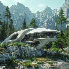 a futuristic building sitting on top of a lush green hillside next to trees and mountains