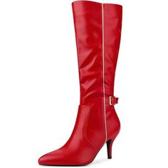 These knee high boots set on a lofty stiletto heel serve as an impeccable standby style and allow the toes to move comfortably. You can pair these knee high boots with your favorite dress or jeans. Buckle Decor Knee High Boots; Stiletto Heel; Side Zip; Vamp: PU; Outsole: Rubber; Heel: ABS; Heel Height: 3 1/7 inches; Shaft Height: 15 inches. Red Round Toe Boots For Office, Red Round Toe Office Boots, Red High Heel Office Boots, Red Wide Calf Heeled Boots With Pointed Toe, Red Pointed Toe Knee-high Boots For Fall, Red Knee-high Heeled Boots For Fall, Elegant Fitted Red Knee-high Boots, Red Knee-high Heeled Boots For Formal Occasions, Red Pointed Toe Knee-high Boots For Formal Occasions