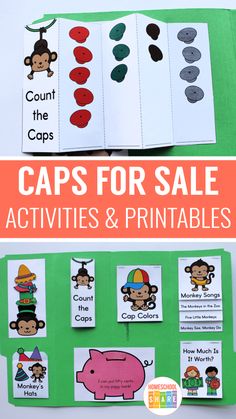 the caps for sale activities and printables are displayed on a green book cover