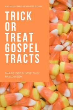 some candy corn with the words trick or treat go spell treats on it in orange and white