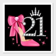 a pink high heeled shoe with a tiara on it and the number twenty two