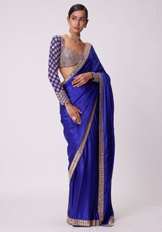 Blue Satin Saree With Full Sleeve Embroidered Blouse Vvani by Vani Vats - Fabilicious Fashion Blue Satin Saree, Satin Sari, Mirror Blouse, Royal Blue Saree, Full Sleeve Blouse, Female Dress, Persian Blue, Indian Wedding Wear, Satin Saree