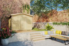 an outdoor living area with couches, tables and potted plants