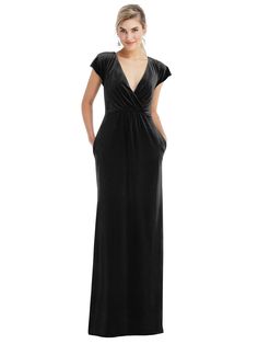 Flutter Sleeve Wrap Bodice Velvet Maxi Bridesmaid Dress With Pockets | The Dessy Group Maxi Dress With Pockets, Velvet Maxi Dress, Velvet Maxi, Maxi Bridesmaid Dresses, Infinity Dress, Bridesmaid Style, Dress Order, Dress Measurements, Stretch Satin