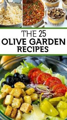 the 25 olive garden recipes cookbook is open to show pictures of various salads