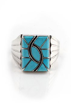 This Turquoise Hummingbird Inlay Ring by Zuni artist, N.Lee features a stylized design representing a hummingbird. The hummingbird is a symbol of bringing joy to the world. The channel inlay Sleeping Beauty Turquoise from Arizona has a beautiful blue color. The sterling silver fans on each side of the inlay add to the beauty of this ring. This expertly crafted ring is perfect for any occasion. Hallmarked "N Lee" and stamped Sterling Luxury Silver Men's Ring With Inlay, Luxury Fine Jewelry With Inlay, Luxury Women's Inlay Jewelry, Luxury Kingman Turquoise Ring With Inlay, Luxury Spiritual Jewelry With Inlay, Luxury Enamel Jewelry With Inlay, Luxury Inlay Jewelry For Men, Luxury Fine Jewelry Rings With Inlay, Luxury Men's Inlay Jewelry