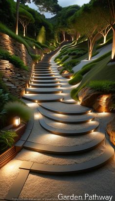 an outdoor garden with steps lit up at night and trees in the background, surrounded by greenery