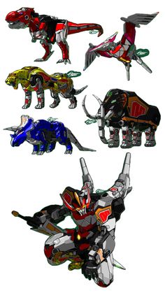 four different types of robot like animals on a white background, each with their own color scheme