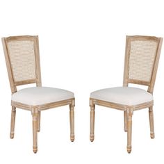 a pair of wooden chairs with white upholstered back and seat cushions on each side