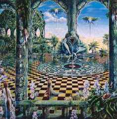 an artistic painting with people and trees in the background, surrounded by checkered flooring