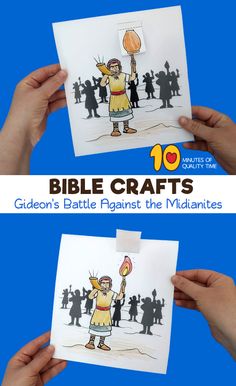 two hands holding up paper cutouts with the words bible crafts written on them and an image