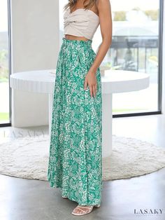 Lasaky - Womens Boho Vacation Elastic Waist Wide Leg Pants with Floral Print and Drawstring - Stylish and Comfortable Womens Clothing Green Ankle-length Bottoms With Elastic Waistband, Fitted Green Ankle-length Bottoms, Green Full-length Vacation Bottoms, Full Length Green Vacation Bottoms, Boho Fabric, Boho Women, Style Boho, Leg Pants, Wide Leg Pants