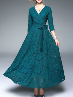 Shop Green V Neck Tie-Waist Maxi Dress online. SheIn offers Green V Neck Tie-Waist Maxi Dress & more to fit your fashionable needs. Tie Waist Maxi Dress, Lace Dress Casual, Indian Gowns, Latest Street Fashion, Maxi Dress Online, Maxi Robes, Designs For Dresses