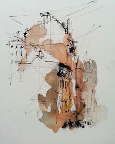 an abstract painting with lots of lines and shapes on it's surface, including buildings