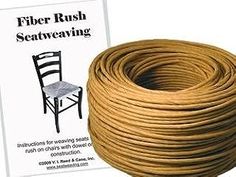 a wooden chair sitting next to a rope on top of a white sign that says fiber rush seatweaving