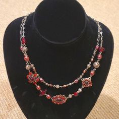 Perfect New With Tags Condition From Smoke And Pet Free Home. Deep Red Garnet Geometric Beads, Red Pearls, Red Sparkly Beads On Silver Metal Wire. Adjustable Clasp, Approx 18" Red Beaded Chain Necklace Gift, Red Beaded Chain Necklace For Gift, Gift Red Beaded Chain Necklace, Red Double Strand Beaded Necklace With Polished Beads, Elegant Red Beaded Necklace With Lobster Clasp, Red Double Strand Jewelry With Faceted Beads, Red Metal Long Necklace Jewelry, Red Metal Long Necklace, Red Long Metal Necklace