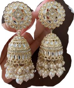 Elegant Festival Jhumkas, Elegant Jhumkas For Festive Occasions, Elegant Heavy Jhumkas For Festival, Bollywood Style White Jhumkas, White Bohemian Jhumkas For Festive Occasions, White Bohemian Jhumkas For Festive Season, Kundan Jhumka, Floral Park, Doll Jewelry