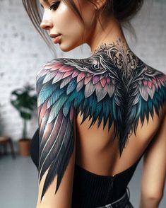 tattoo art Wing Tattoo Shoulder Women, Unicorn Sleeve Tattoo, Shoulder To Shoulder Tattoo Back, Angel Wing Back Tattoo Women, Shoulder Feather Tattoo, Ethereal Woman Art, Back Wings Tattoos Women, Wings Back Tattoo Women, Shoulder Wing Tattoo