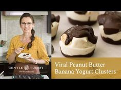 a woman holding up a chocolate covered banana yogurt cluster with the caption virtual peanut butter banana yogurt clusters