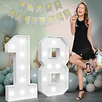 a woman is posing in front of the number eighteen sign with balloons and streamers