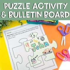 the puzzle activity and bulletin board is shown with scissors, pencils, and paper